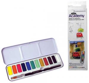 Набор акварельных красок DERWENT Academy в кюветах, 12 цветов, кисточка, металлический пенал